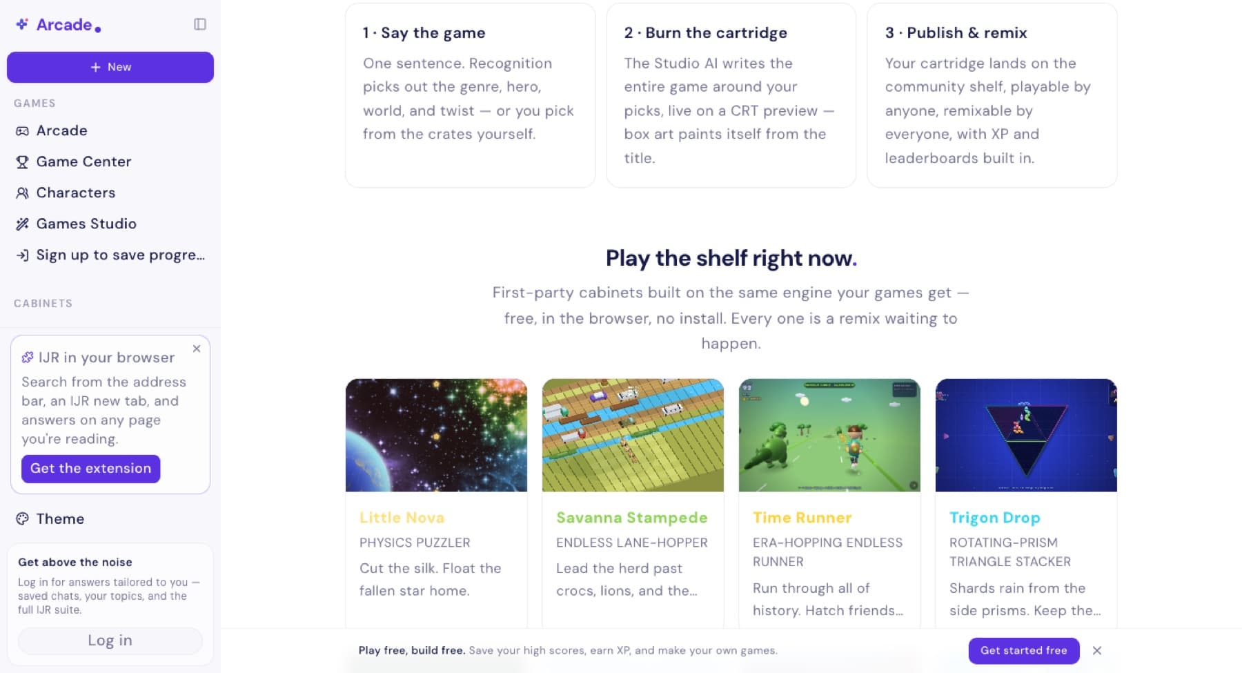 The Arcade shelf: playable community-built games with cover art, built from one sentence in the Forge