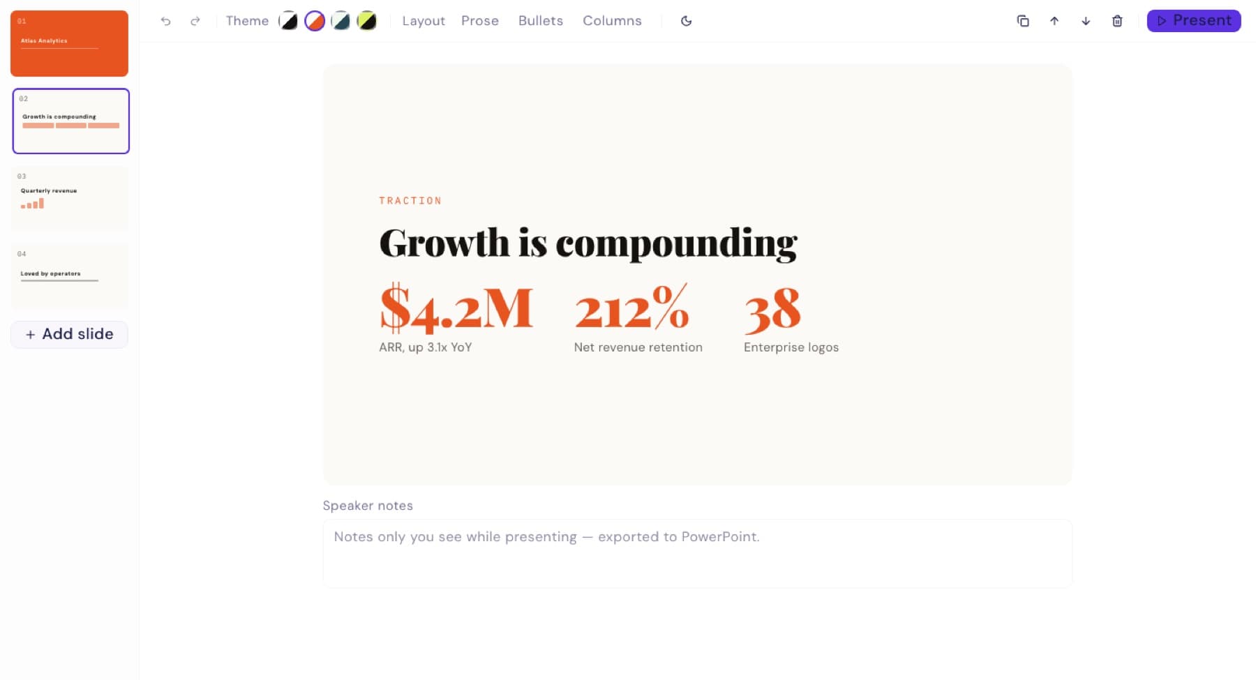 The slides editor: a traction slide with big stat numbers, the deck filmstrip, themes, and one-click Present